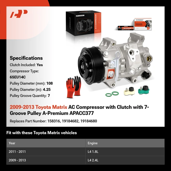 2009-2013 Toyota Matrix AC Compressor with Clutch with 7-Groove Pulley A-Premium APACC377