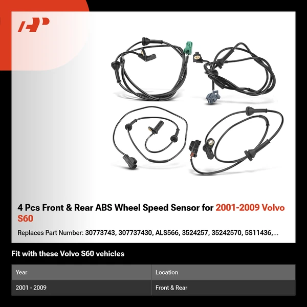 4 Pcs Front & Rear ABS Wheel Speed Sensor for 2001-2009 Volvo S60