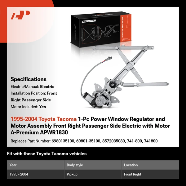 1995-2004 Toyota Tacoma 1-Pc Power Window Regulator and Motor Assembly Front Right Passenger Side Electric with Motor A-Premium APWR1830