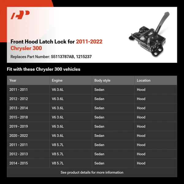 Front Hood Latch Lock for 2011-2022 Chrysler 300