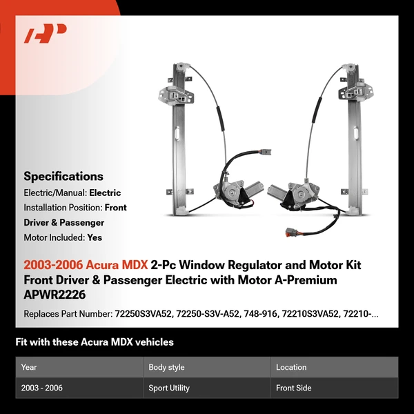 2003-2006 Acura MDX 2-Pc Window Regulator and Motor Kit Front Driver & Passenger Electric with Motor A-Premium APWR2226