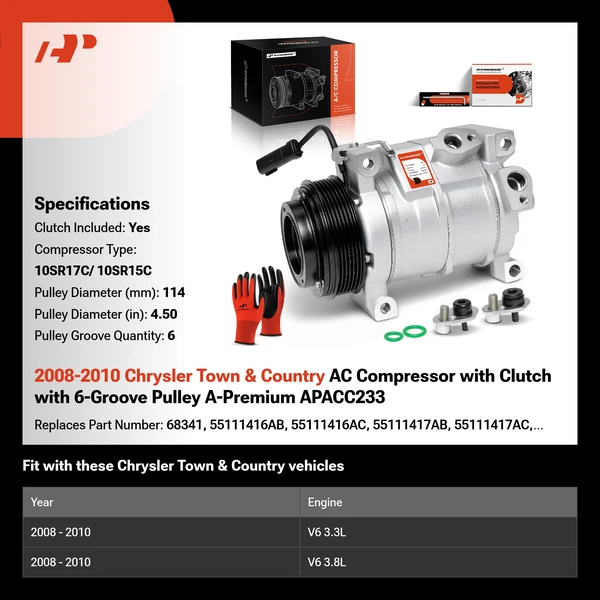 2008-2010 Chrysler Town & Country AC Compressor with Clutch with 6-Groove Pulley A-Premium APACC233