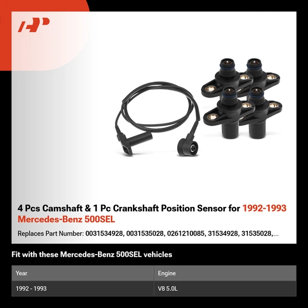 4 Pcs Camshaft & 1 Pc Crankshaft Position Sensor for 1992-1993 Mercedes-Benz 500SEL