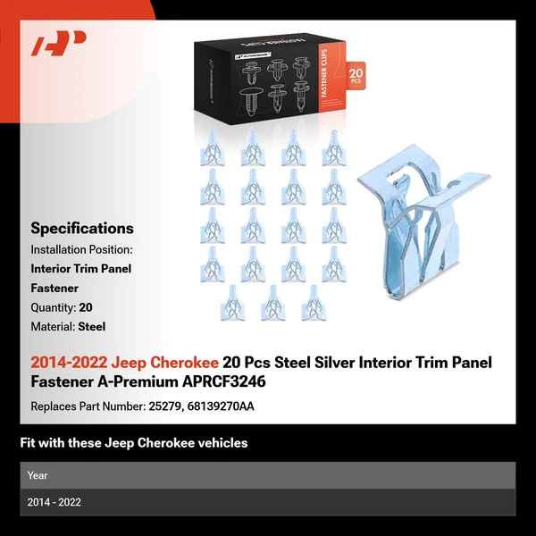 2014-2022 Jeep Cherokee 20 Pcs Steel Silver Interior Trim Panel Fastener A-Premium APRCF3246