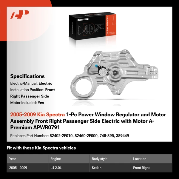 2005-2009 Kia Spectra 1-Pc Power Window Regulator and Motor Assembly Front Right Passenger Side Electric with Motor A-Premium APWR0791