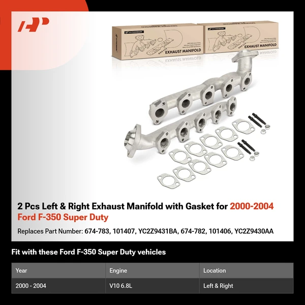 2 Pcs Left & Right Exhaust Manifold with Gasket for 2000-2004 Ford F-350 Super Duty