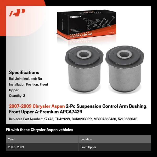 2007-2009 Chrysler Aspen 2-Pc Suspension Control Arm Bushing, Front Upper A-Premium APCA7429