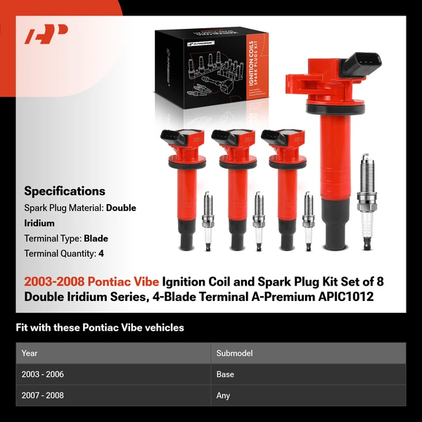 2003-2008 Pontiac Vibe Ignition Coil and Spark Plug Kit Set of 8 Double Iridium Series, 4-Blade Terminal A-Premium APIC1012