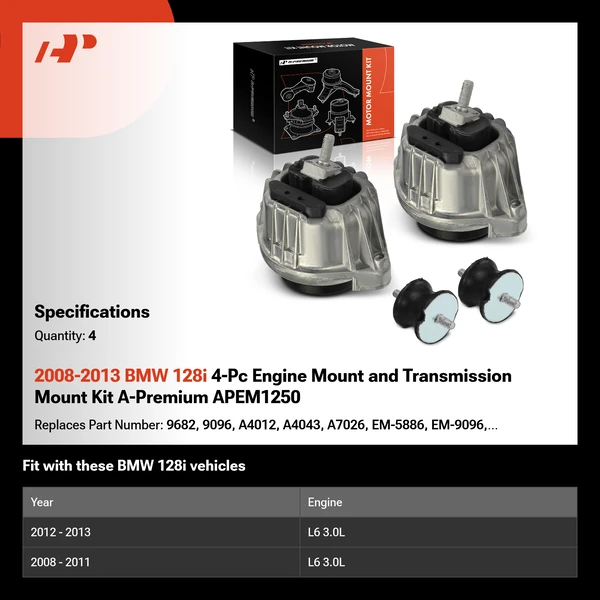 2008-2013 BMW 128i 4-Pc Engine Mount and Transmission Mount Kit A-Premium APEM1250