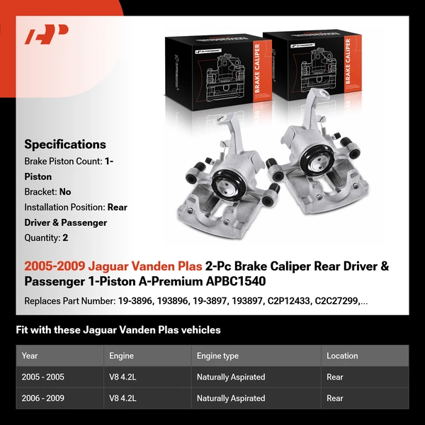 2005-2009 Jaguar Vanden Plas 2-Pc Brake Caliper Rear Driver & Passenger 1-Piston A-Premium APBC1540