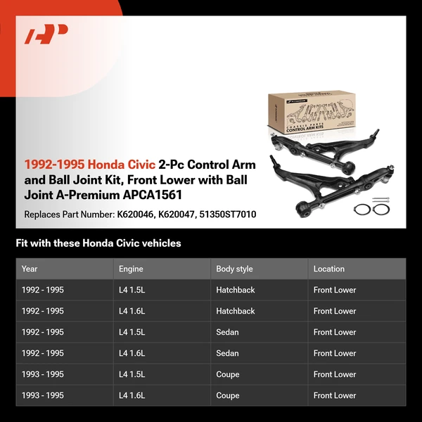 1992-1995 Honda Civic 2-Pc Control Arm and Ball Joint Kit, Front Lower with Ball Joint A-Premium APCA1561