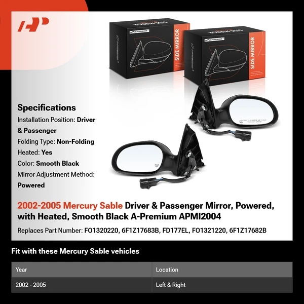 2002-2005 Mercury Sable Driver & Passenger Mirror, Powered, with Heated, Smooth Black A-Premium APMI2004