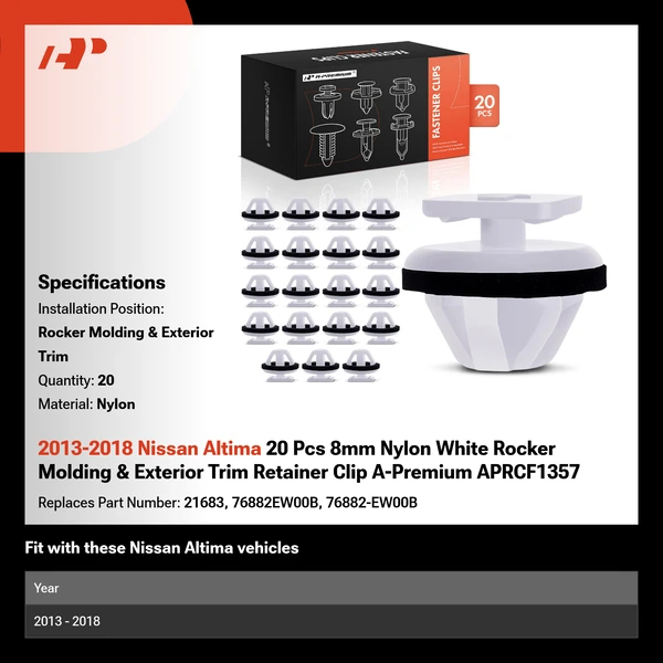 2013-2018 Nissan Altima 20 Pcs 8mm Nylon White Rocker Molding & Exterior Trim Retainer Clip A-Premium APRCF1357