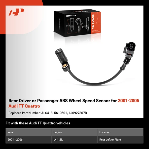 Rear Driver or Passenger ABS Wheel Speed Sensor for 2001-2006 Audi TT Quattro