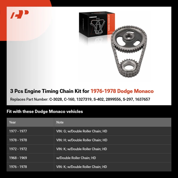 3 Pcs Engine Timing Chain Kit for 1976-1978 Dodge Monaco