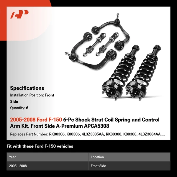 2005-2008 Ford F-150 6-Pc Shock Strut Coil Spring and Control Arm Kit, Front Side A-Premium APCA5308