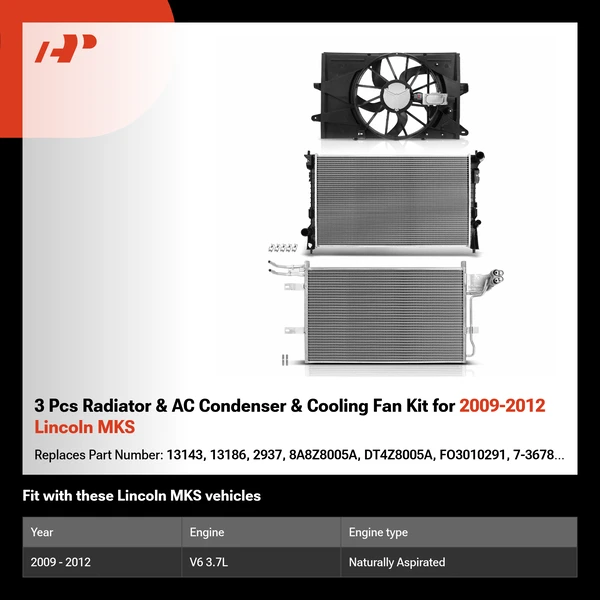 3 Pcs Radiator & AC Condenser & Cooling Fan Kit for 2009-2012 Lincoln MKS