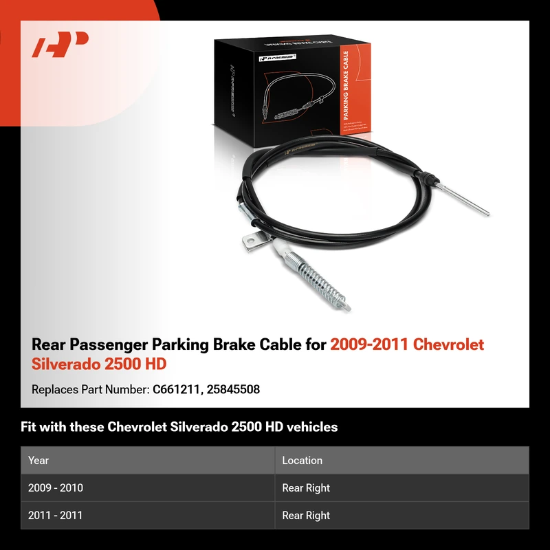 Rear Passenger Parking Brake Cable for 2009-2011 Chevrolet Silverado 2500 HD