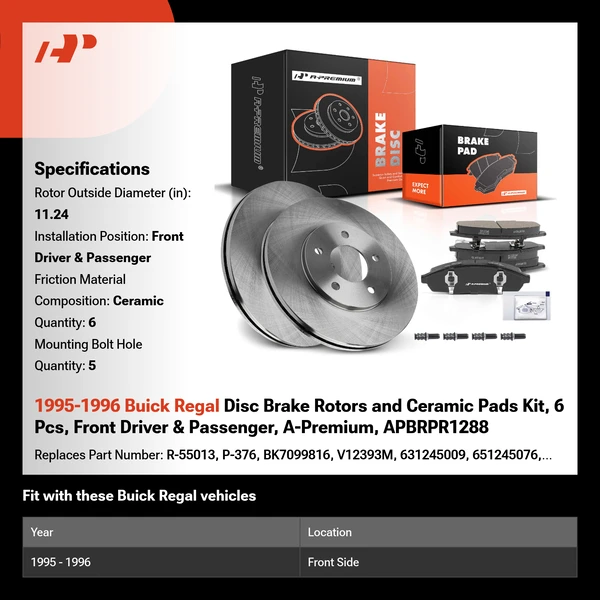 1995-1996 Buick Regal Disc Brake Rotors and Ceramic Pads Kit, 6 Pcs, Front Driver & Passenger, A-Premium, APBRPR1288