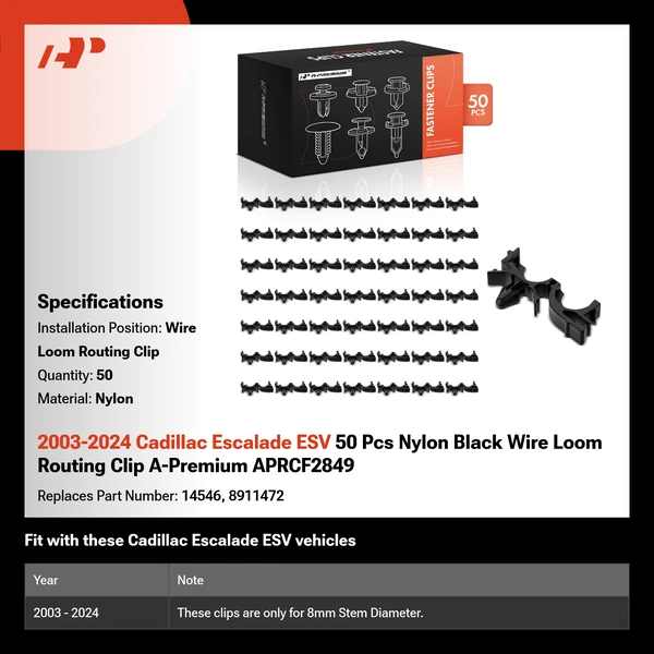2003-2024 Cadillac Escalade ESV 50 Pcs Nylon Black Wire Loom Routing Clip A-Premium APRCF2849