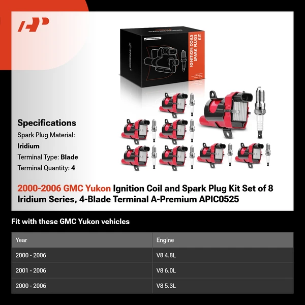 2000-2006 GMC Yukon Ignition Coil and Spark Plug Kit Set of 8 Iridium Series, 4-Blade Terminal A-Premium APIC0525