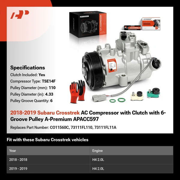 2018-2019 Subaru Crosstrek AC Compressor with Clutch with 6-Groove Pulley A-Premium APACC597