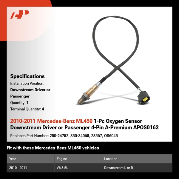 2010-2011 Mercedes-Benz ML450 1-Pc Oxygen Sensor Downstream Driver or Passenger 4-Pin A-Premium APOS0162