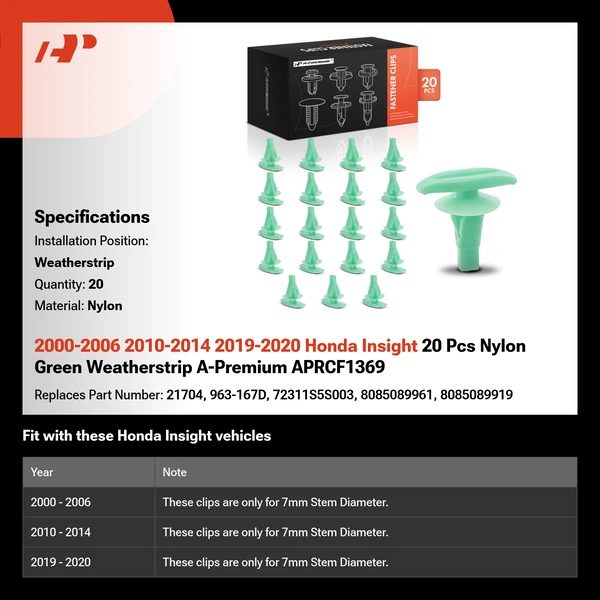 2000-2006 2010-2014 2019-2020 Honda Insight 20 Pcs Nylon Green Weatherstrip A-Premium APRCF1369