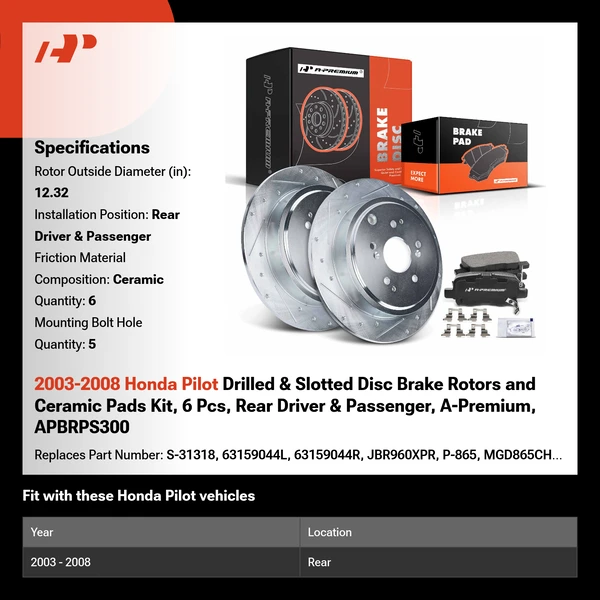 2003-2008 Honda Pilot Drilled & Slotted Disc Brake Rotors and Ceramic Pads Kit, 6 Pcs, Rear Driver & Passenger, A-Premium, APBRPS300