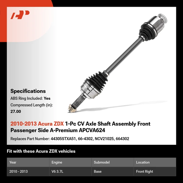 2010-2013 Acura ZDX 1-Pc CV Axle Shaft Assembly Front Passenger Side A-Premium APCVA624