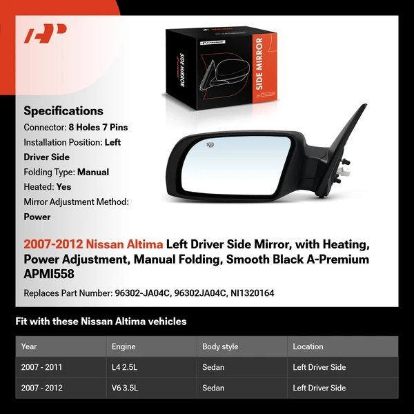 2007-2012 Nissan Altima Left Driver Side Mirror, with Heating, Power Adjustment, Manual Folding, Smooth Black A-Premium APMI558