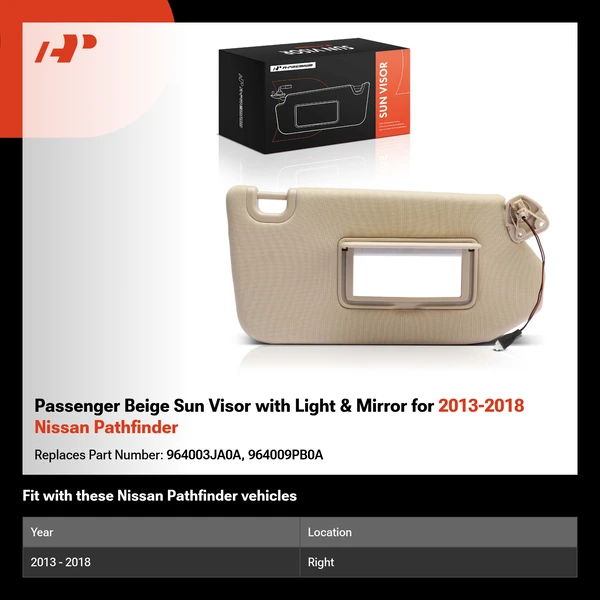 Passenger Beige Sun Visor with Light & Mirror for 2013-2018 Nissan Pathfinder
