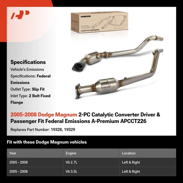 2005-2008 Dodge Magnum 2-PC Catalytic Converter Driver & Passenger Fit Federal Emissions A-Premium APCCT226