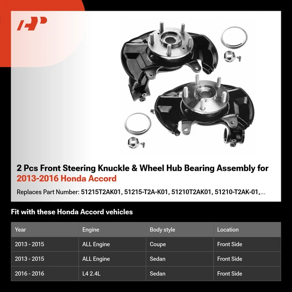 2 Pcs Front Steering Knuckle & Wheel Hub Bearing Assembly for 2013-2016 Honda Accord