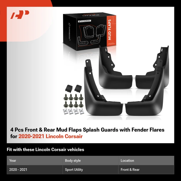 4 Pcs Front & Rear Mud Flaps Splash Guards with Fender Flares for 2020-2021 Lincoln Corsair