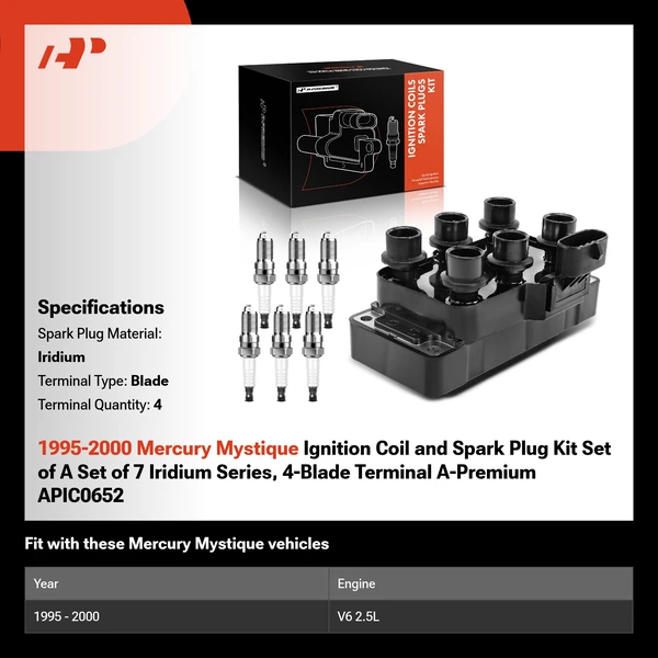 1995-2000 Mercury Mystique Ignition Coil and Spark Plug Kit Set of A Set of 7 Iridium Series, 4-Blade Terminal A-Premium APIC0652