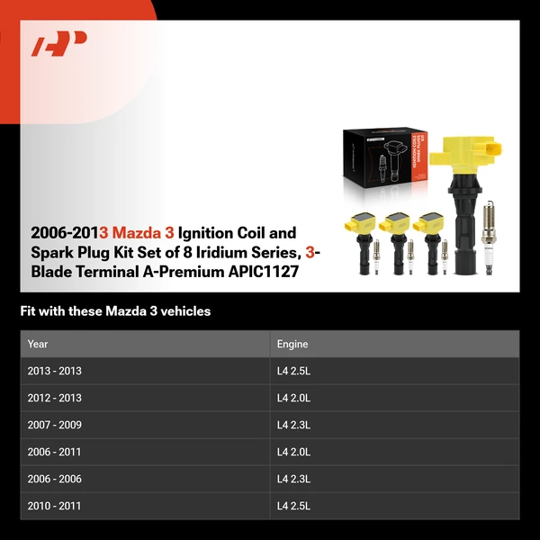 2006-2013 Mazda 3 Ignition Coil and Spark Plug Kit Set of 8 Iridium Series, 3-Blade Terminal A-Premium APIC1127