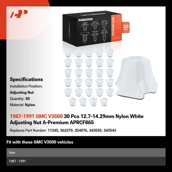 1987-1991 GMC V3500 30 Pcs 12.7-14.29mm Nylon White Adjusting Nut A-Premium APRCF865