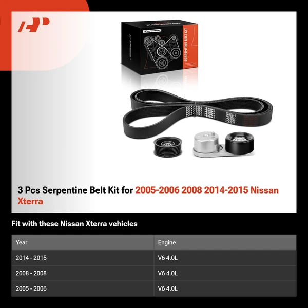 3 Pcs Serpentine Belt Kit for 2005-2006 2008 2014-2015 Nissan Xterra