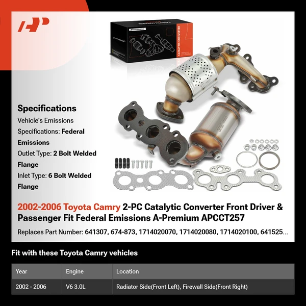 2002-2006 Toyota Camry 2-PC Catalytic Converter Front Driver & Passenger Fit Federal Emissions A-Premium APCCT257