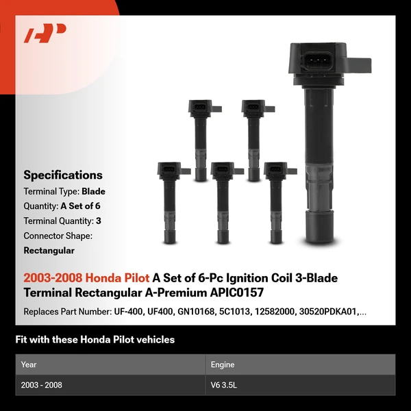 2003-2008 Honda Pilot A Set of 6-Pc Ignition Coil 3-Blade Terminal Rectangular A-Premium APIC0157