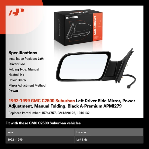 1992-1999 GMC C2500 Suburban Left Driver Side Mirror, Power Adjustment, Manual Folding, Black A-Premium APMI279