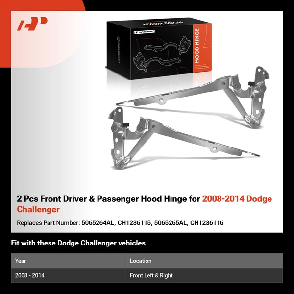 2 Pcs Front Driver & Passenger Hood Hinge for 2008-2014 Dodge Challenger