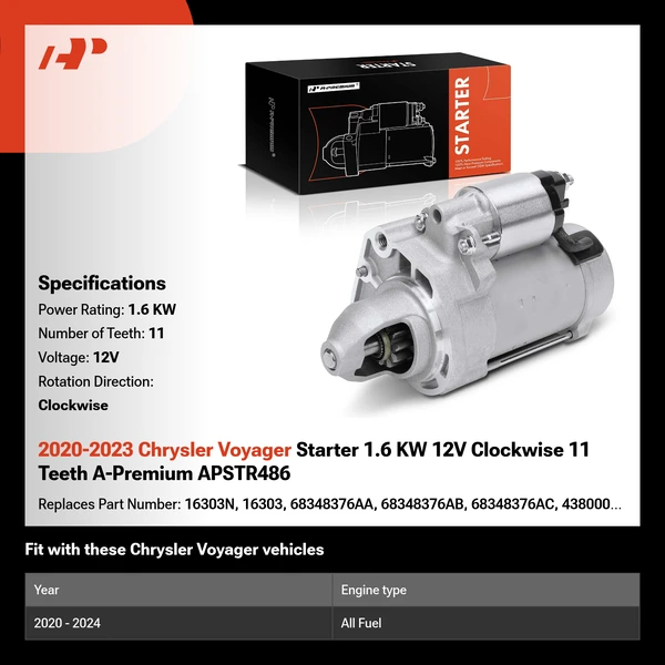 2020-2023 Chrysler Voyager Starter 1.6 KW 12V Clockwise 11 Teeth A-Premium APSTR486