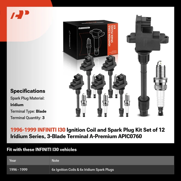 1996-1999 INFINITI I30 Ignition Coil and Spark Plug Kit Set of 12 Iridium Series, 3-Blade Terminal A-Premium APIC0760