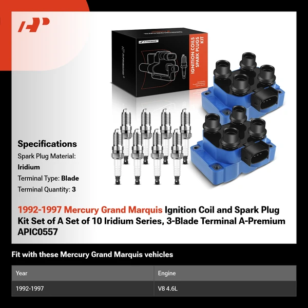 1992-1997 Mercury Grand Marquis Ignition Coil and Spark Plug Kit Set of A Set of 10 Iridium Series, 3-Blade Terminal A-Premium APIC0557