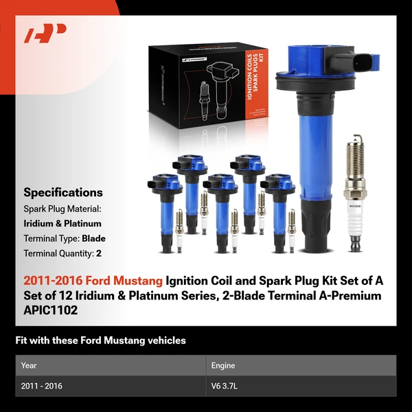 2011-2016 Ford Mustang Ignition Coil and Spark Plug Kit Set of A Set of 12 Iridium & Platinum Series, 2-Blade Terminal A-Premium APIC1102