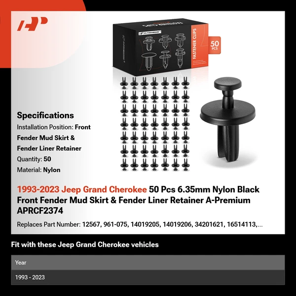 1993-2023 Jeep Grand Cherokee 50 Pcs 6.35mm Nylon Black Front Fender Mud Skirt & Fender Liner Retainer A-Premium APRCF2374