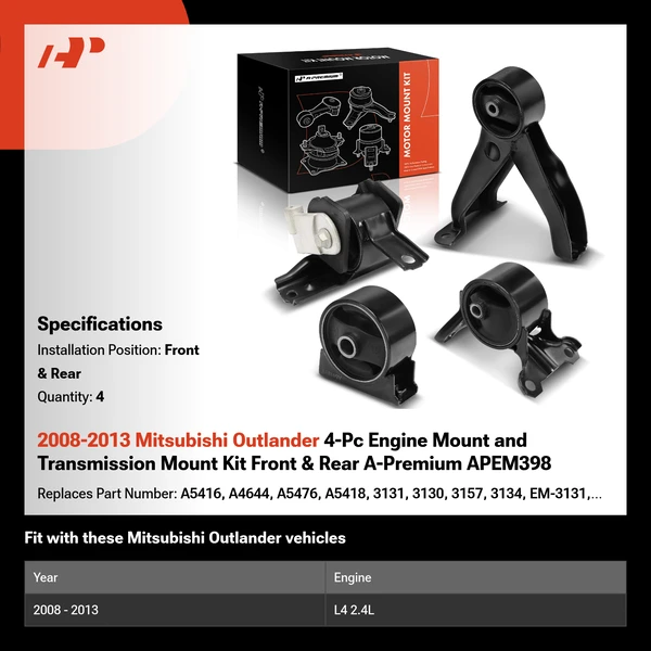 2008-2013 Mitsubishi Outlander 4-Pc Engine Mount and Transmission Mount Kit Front & Rear A-Premium APEM398