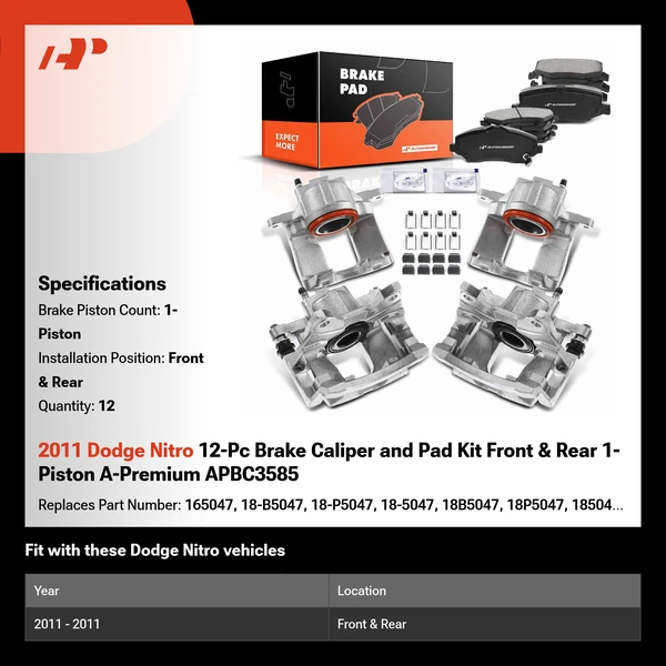 2011 Dodge Nitro 12-Pc Brake Caliper and Pad Kit Front & Rear 1-Piston A-Premium APBC3585